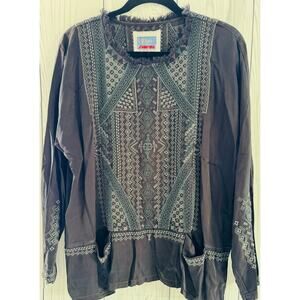 Johnny Was Peasant Embroidered Tassel-Tie Tunic w/Pockets Gray Size Small